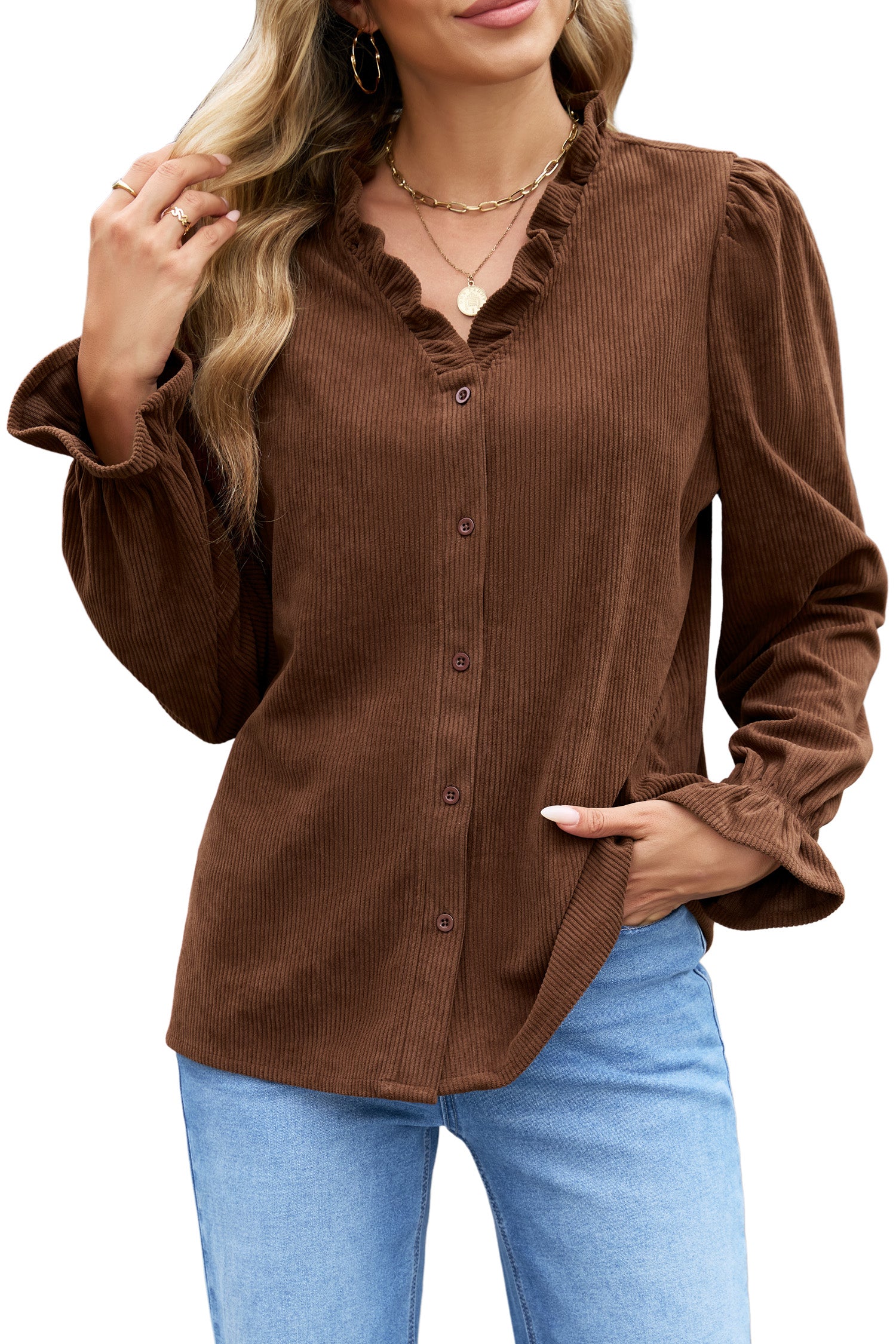 Coffee Solid Color Ruffle Trim V Neck Long Sleeve Button Corduroy Shakcet-Outerwear/Jackets-[Adult]-[Female]-2022 Online Blue Zone Planet