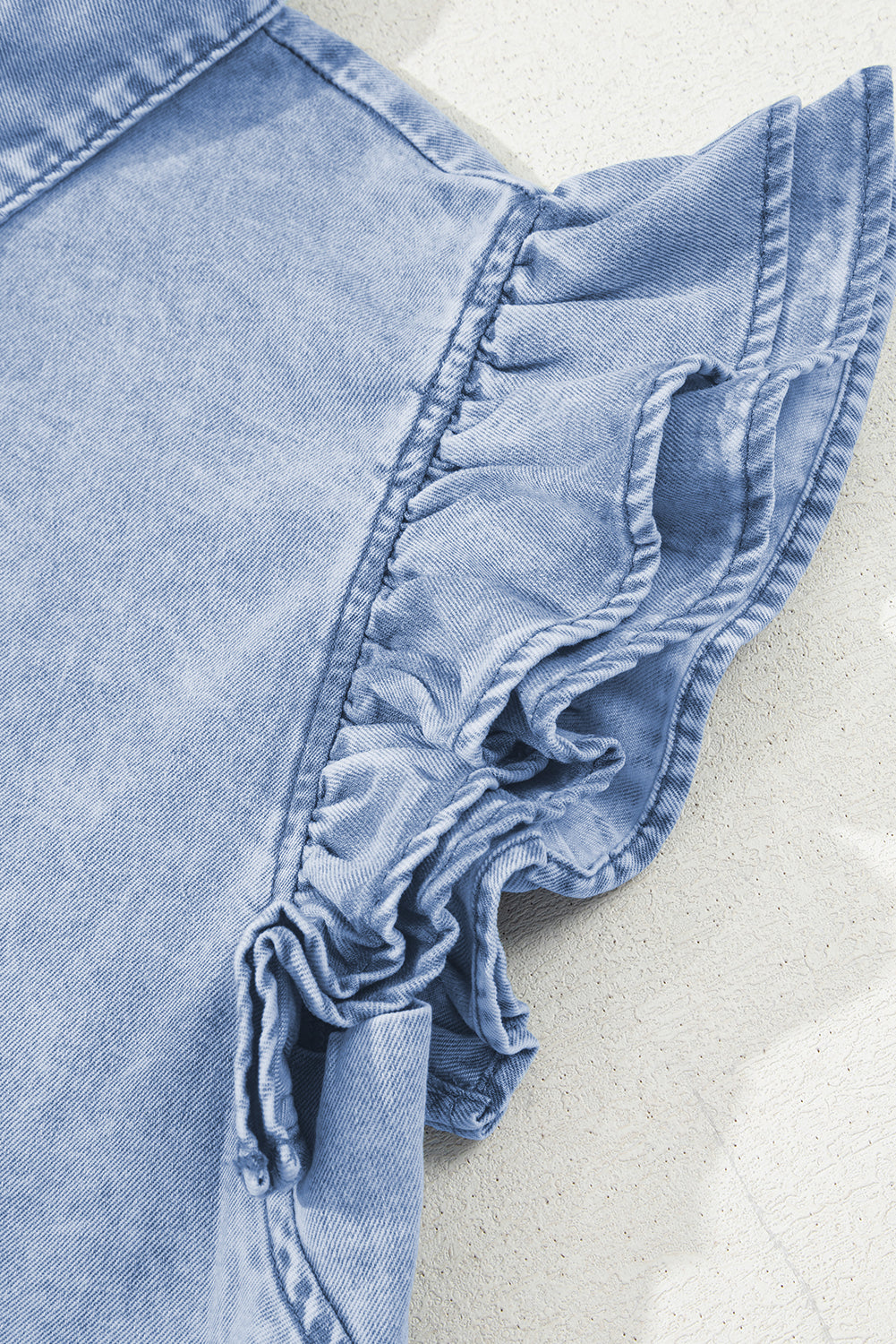 Beau Blue Double Ruffled Sleeves Buttoned A-line Collared Mini Denim Dress-TOPS / DRESSES-[Adult]-[Female]-2022 Online Blue Zone Planet
