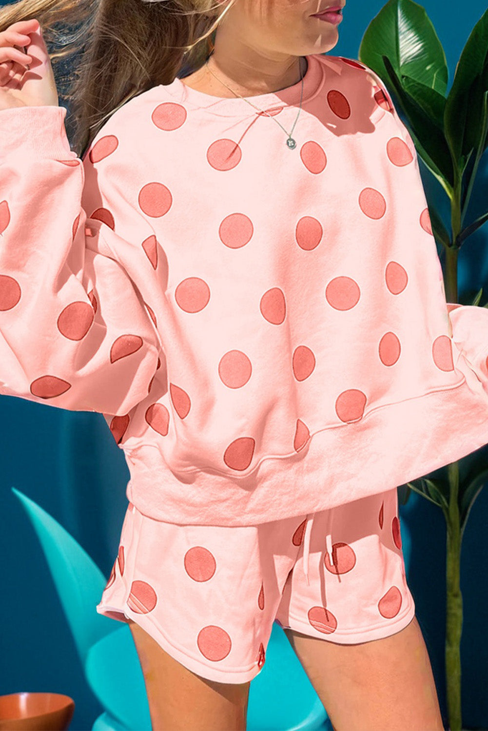 Sky Blue Polka Dot Print Drop Shoulder Pullover Drawstring Shorts Set-Two Piece Sets/Short Sets-[Adult]-[Female]-Pink-S-2022 Online Blue Zone Planet