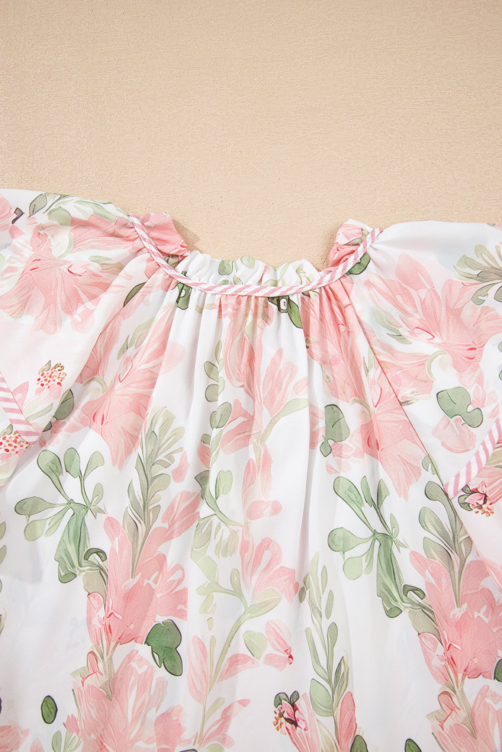 Pink Floral Print Striped Contrast Tiered Ruffled Sleeve V Neck Blouse-Tops/Blouses & Shirts-[Adult]-[Female]-2022 Online Blue Zone Planet