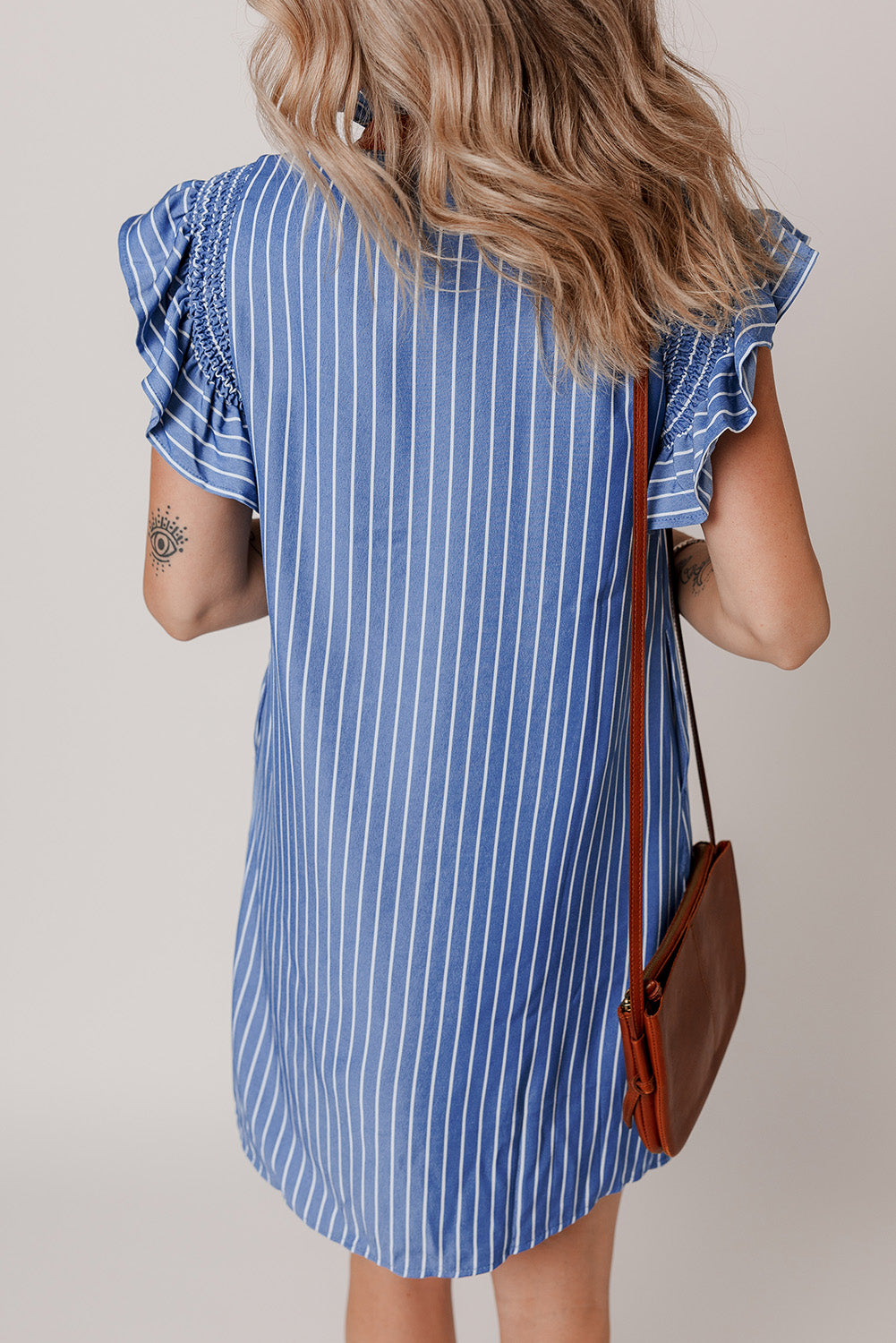 Sky Blue Stripe Frilly Split Neck Shirred Ruffle Sleeve Short Shift Dress-Dresses/Mini Dresses-[Adult]-[Female]-2022 Online Blue Zone Planet