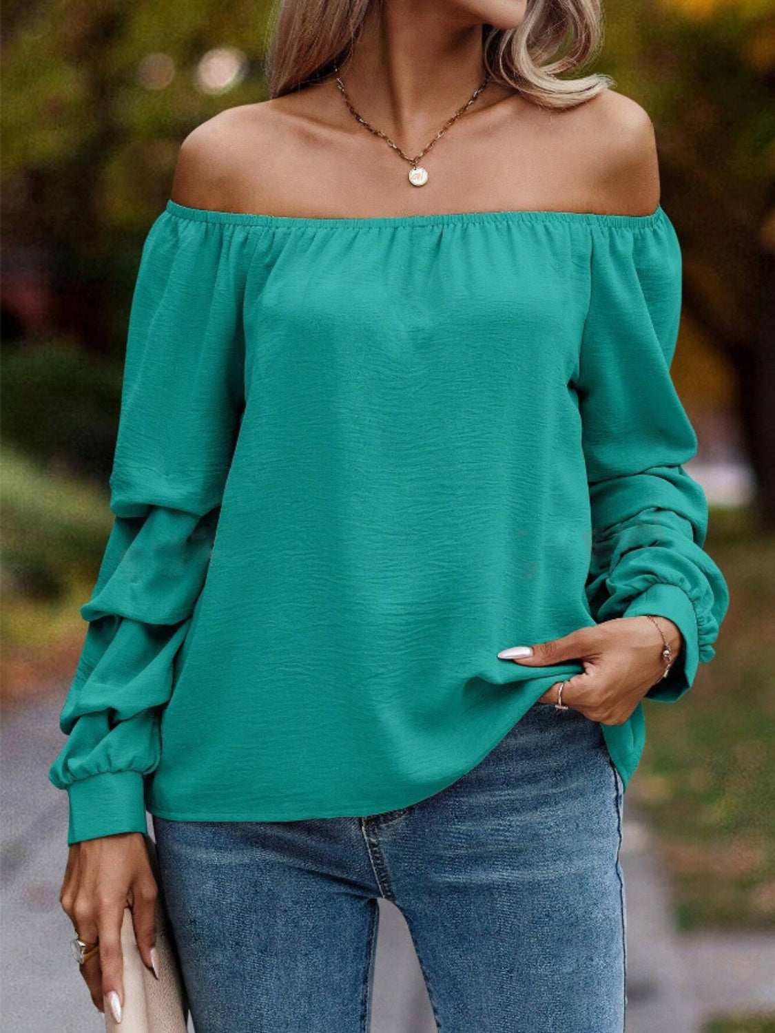 Ruched Off-Shoulder Long Sleeve Blouse-TOPS / DRESSES-[Adult]-[Female]-2022 Online Blue Zone Planet