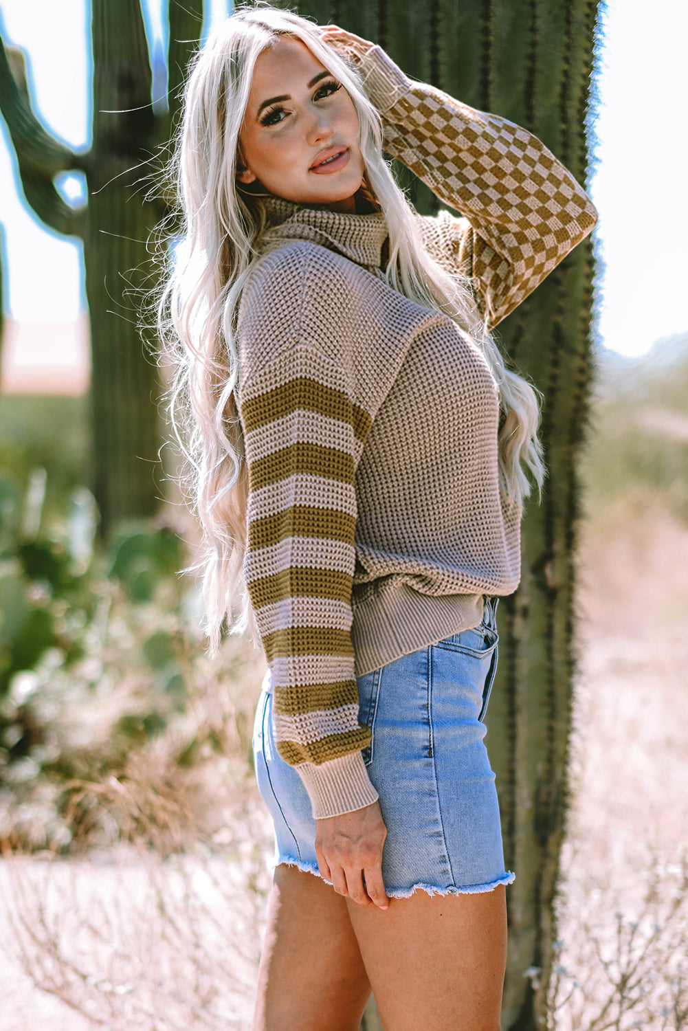 Black Striped Plaid Patchwork Waffle Knit Turtleneck Sweater-Sweaters & Cardigans/Sweaters-[Adult]-[Female]-2022 Online Blue Zone Planet