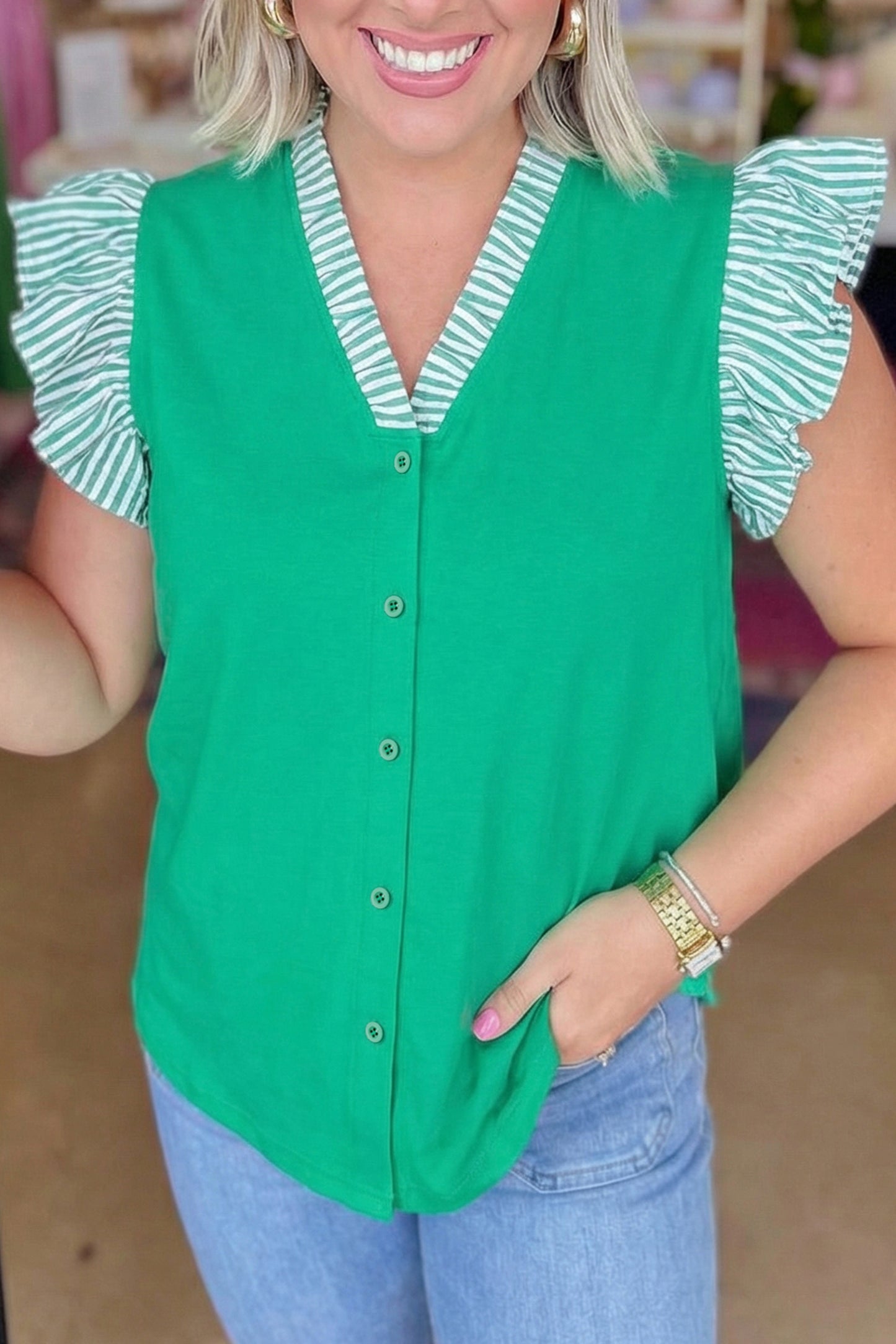 Dark Green Plus Size Button Front Ruffled Stripe Trim V Neck Flutter Sleeve Blouse-Plus Size/Plus Size Tops/Plus Size Blouses & Shirts-[Adult]-[Female]-Dark Green-1X-2022 Online Blue Zone Planet