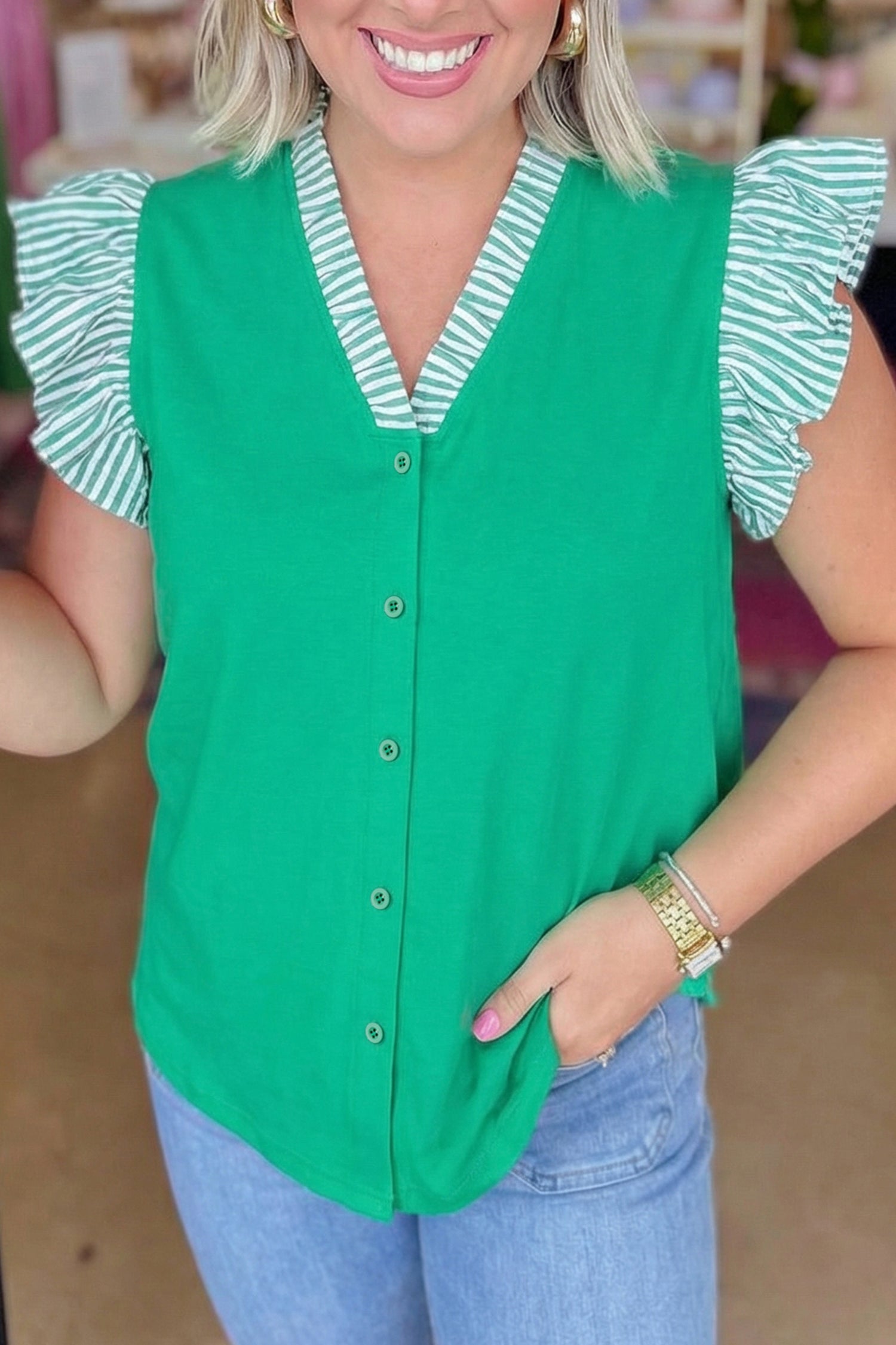 Dark Green Plus Size Button Front Ruffled Stripe Trim V Neck Flutter Sleeve Blouse-Plus Size/Plus Size Tops/Plus Size Blouses & Shirts-[Adult]-[Female]-Dark Green-1X-2022 Online Blue Zone Planet