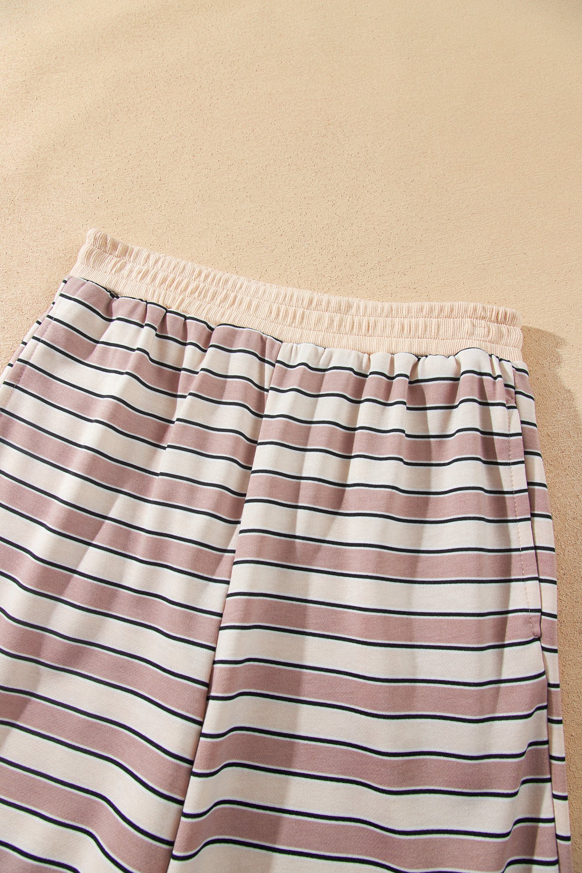 Khaki Stripe Contrast Trim Long Sleeve Top Elastic Waist Pants Set-Two Piece Sets/Pant Sets-[Adult]-[Female]-2022 Online Blue Zone Planet