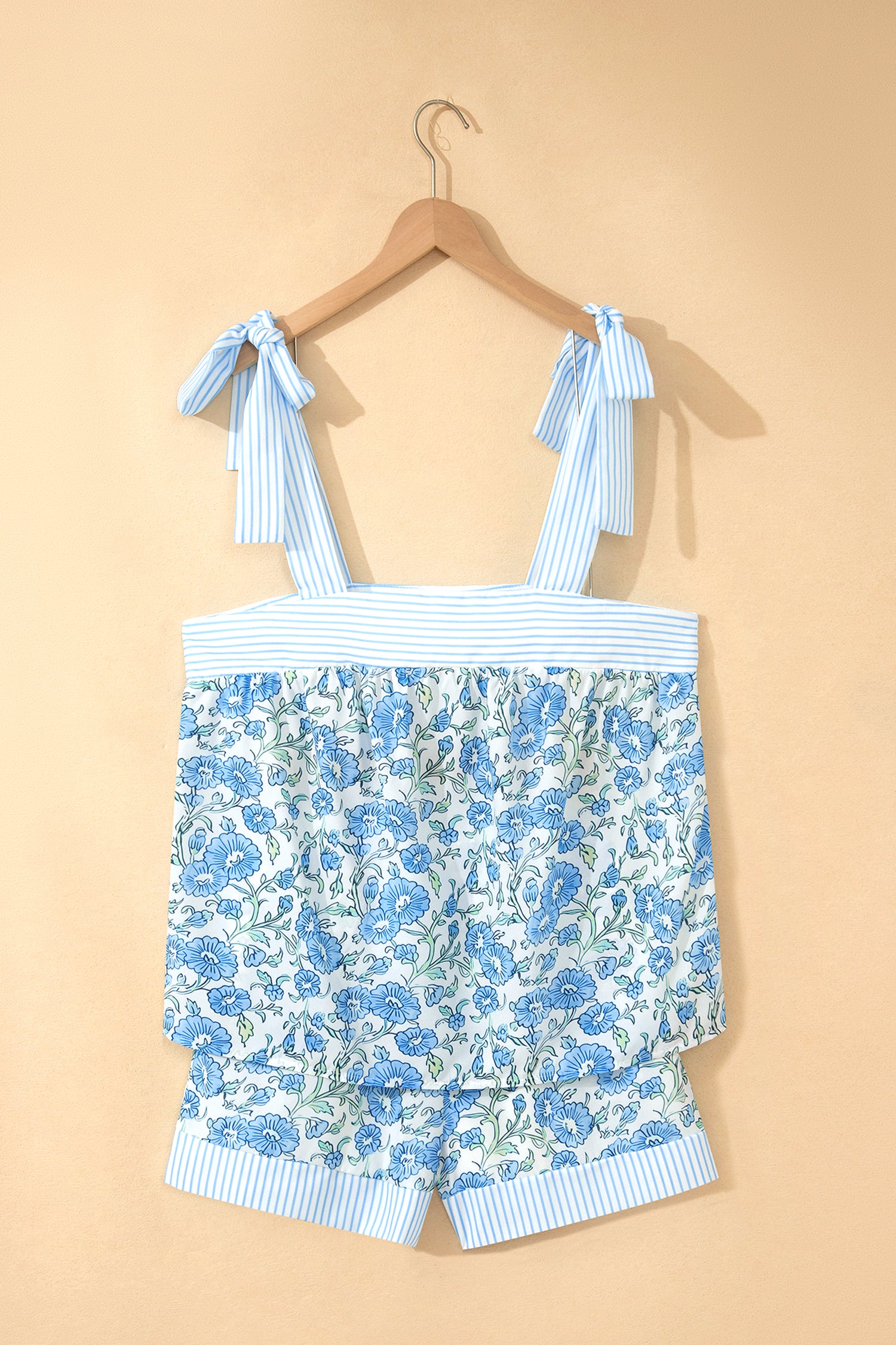Sky Blue Floral Striped Patchwork Knot Straps 2pcs Short Set-Two Piece Sets/Short Sets-[Adult]-[Female]-2022 Online Blue Zone Planet