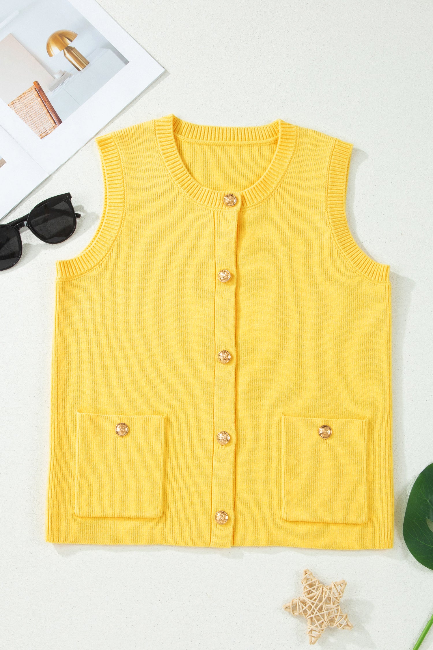 Yellow Cream Solid Color Sleeveless Knit Button Pocketed Sweater-Sweaters & Cardigans/Sweater Vests-[Adult]-[Female]-2022 Online Blue Zone Planet