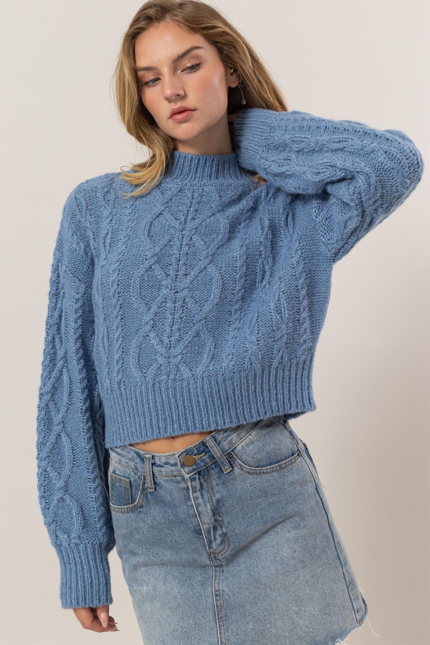 HYFVE Cable-Knit Mock Neck Dropped Shoulder Sweater-TOPS / DRESSES-[Adult]-[Female]-Gray Blue-S-2022 Online Blue Zone Planet