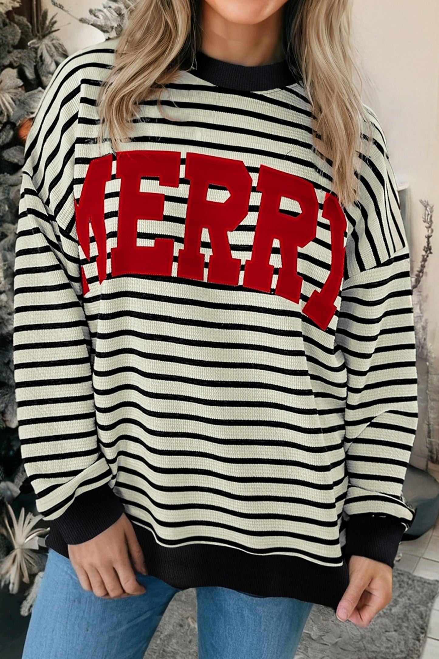 White Stripe Contrast MERRY Letter Christmas Print Drop Shoulder Sweatshirt-Tops/Sweatshirts & Hoodies-[Adult]-[Female]-2022 Online Blue Zone Planet