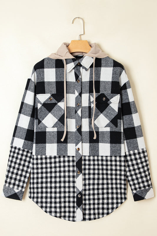 Black Double Plaid Patchwork Drawstring Hooded Shacket-Tops / Dresses-[Adult]-[Female]-2022 Online Blue Zone Planet
