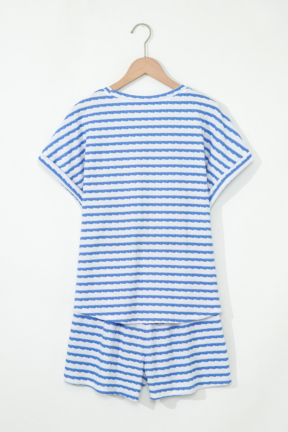 Sky Blue Stripe Knitted Short Sleeve Top and Drawstring Shorts Set-Two Piece Sets/Short Sets-[Adult]-[Female]-2022 Online Blue Zone Planet