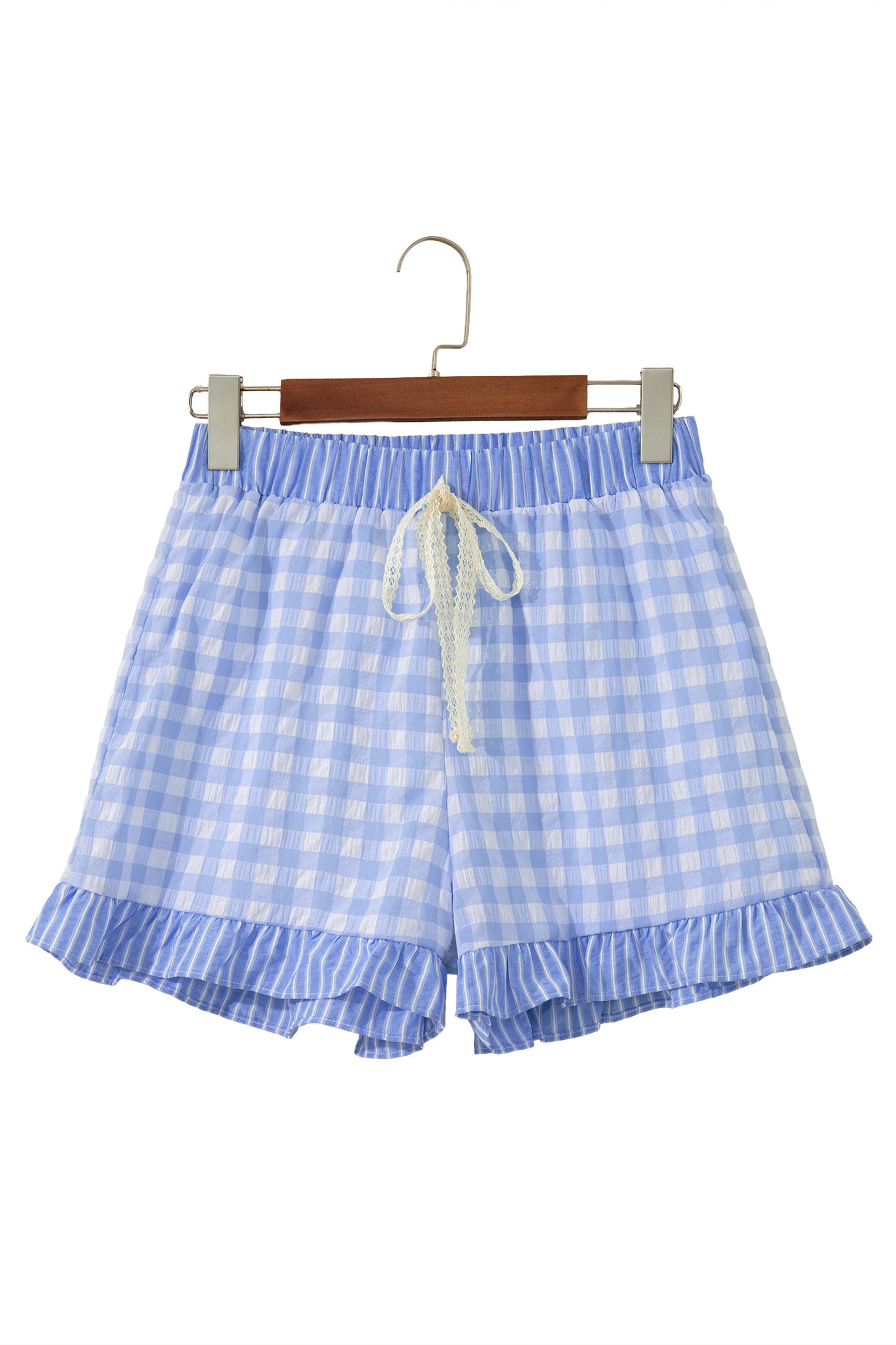Red Gingham Print Ruffle Striped Detail Lace Tie Shorts-Bottoms/Casual Shorts-[Adult]-[Female]-2022 Online Blue Zone Planet
