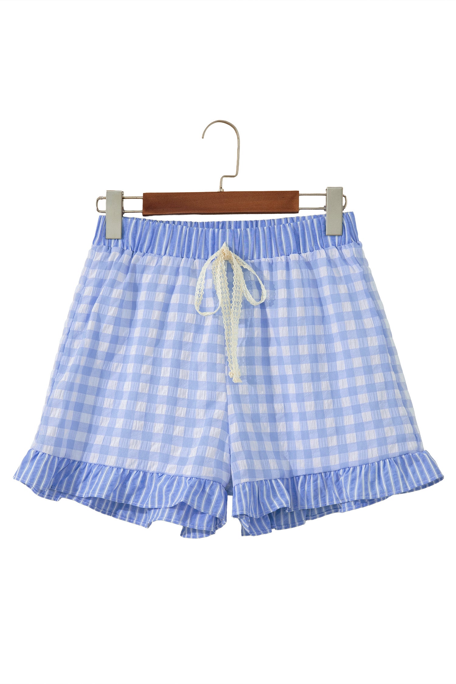 Red Gingham Print Ruffle Striped Detail Lace Tie Shorts-Bottoms/Casual Shorts-[Adult]-[Female]-2022 Online Blue Zone Planet