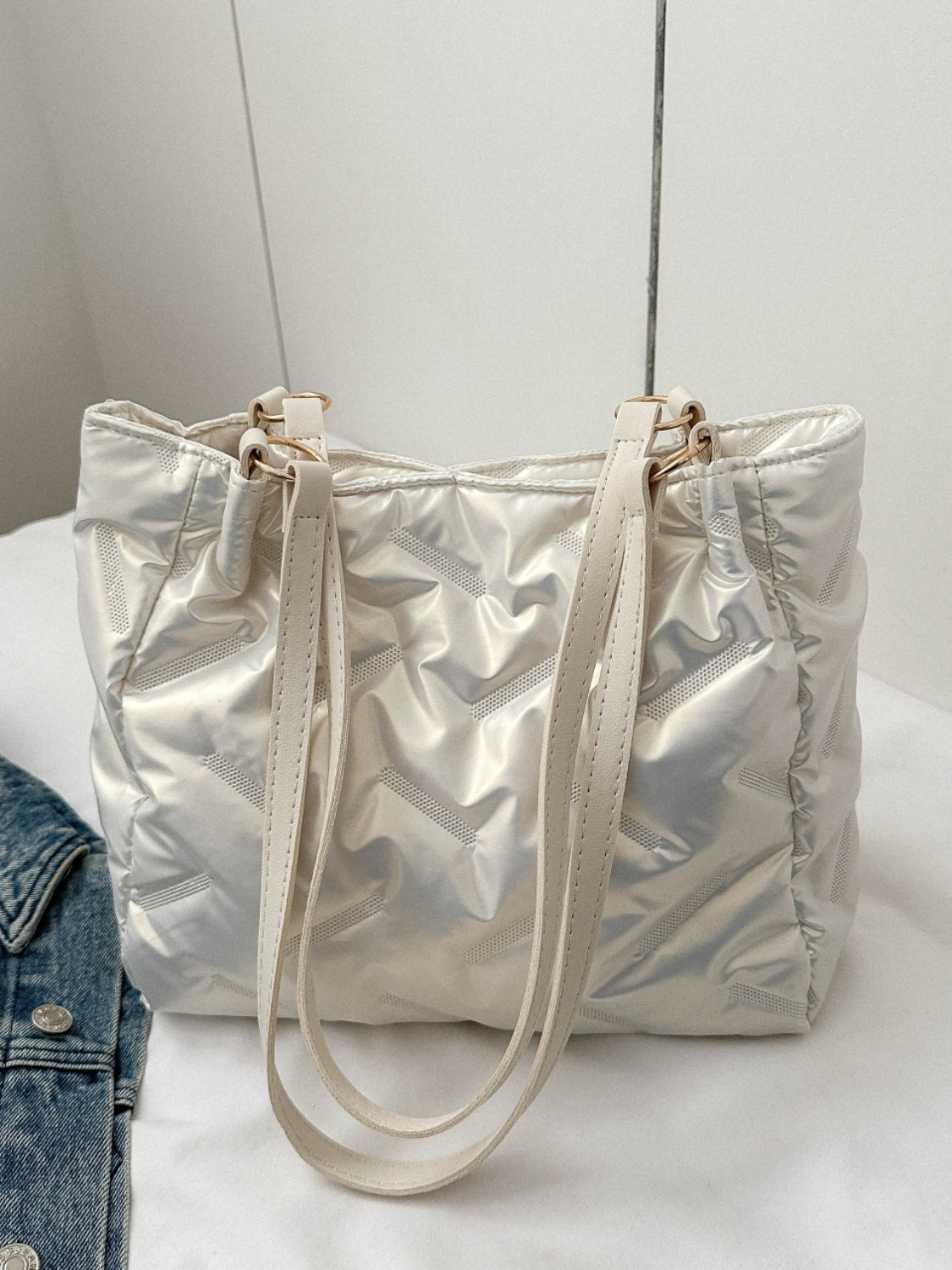 Textured Polyester Shoulder Bag-HANDBAGS-[Adult]-[Female]-White-One Size-2022 Online Blue Zone Planet