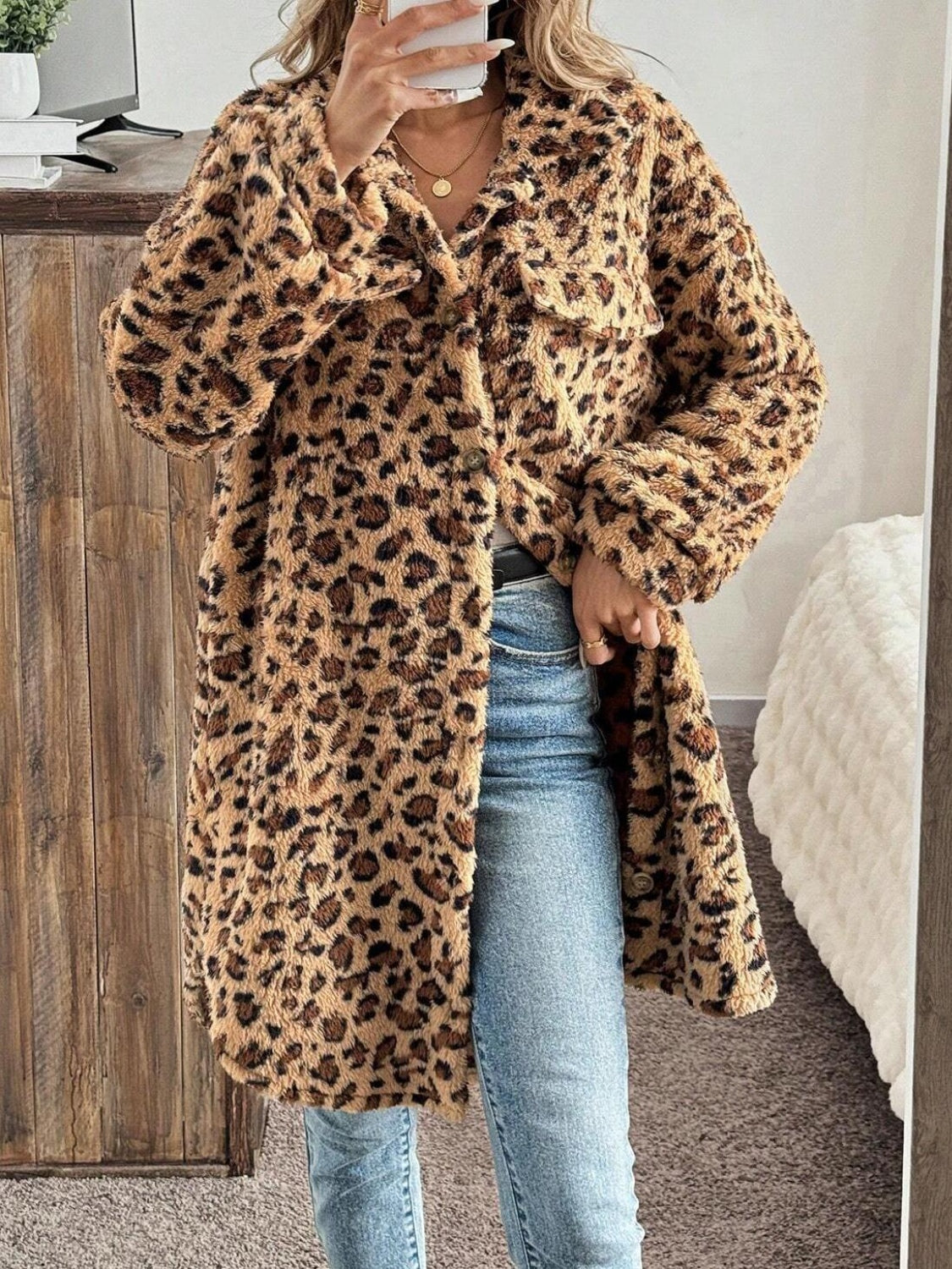 Leopard Button Up Long Sleeve Fuzzy Coat-TOPS / DRESSES-[Adult]-[Female]-Leopard-S-2022 Online Blue Zone Planet