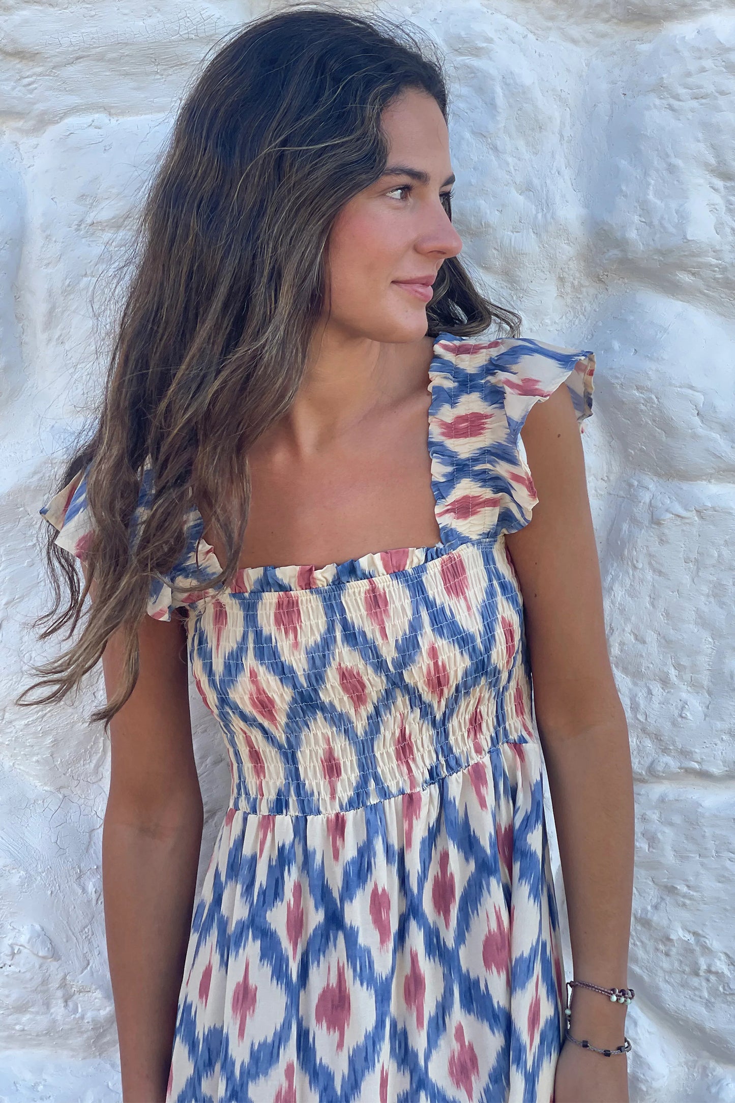 Sky Blue Ethnic Geometric Print Square Neck Smocked High Waist Ruffle Sleeve Dress