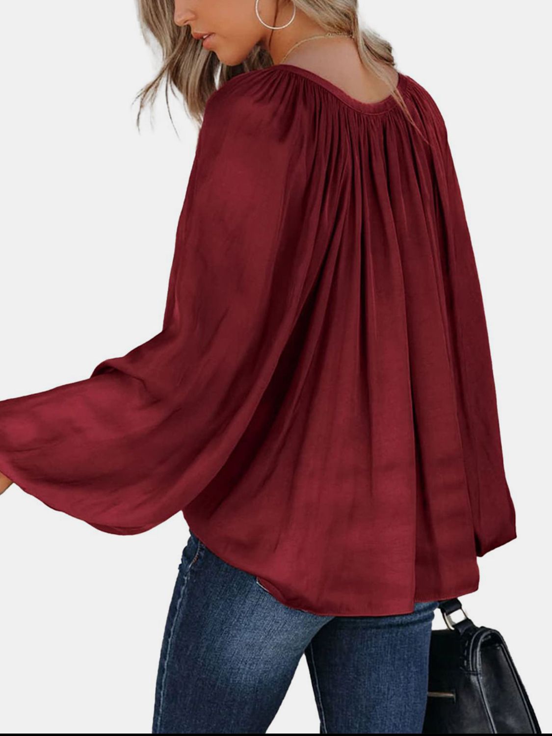 Ruched Tie Neck Balloon Sleeve Blouse-TOPS / DRESSES-[Adult]-[Female]-2022 Online Blue Zone Planet