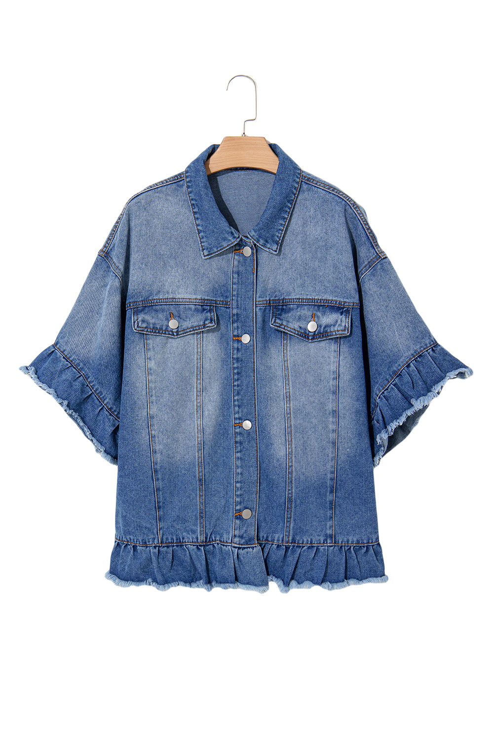 Blue Zone Planet | Peacock Blue Ruffled Frayed Short Sleeve Plus Size Denim Jacket-Plus Size/Plus Size Outerwear-[Adult]-[Female]-2022 Online Blue Zone Planet