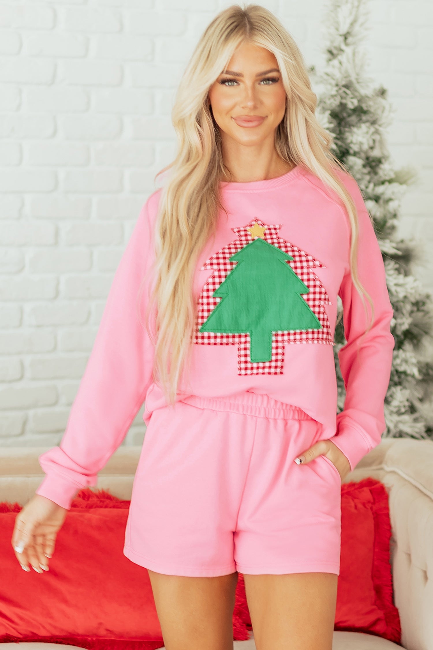 Sachet Pink Plaid Contrasted Double Christmas Tree Patched Raglan Sleeve Pullover 2pcs Short Set-Two Piece Sets/Short Sets-[Adult]-[Female]-2022 Online Blue Zone Planet