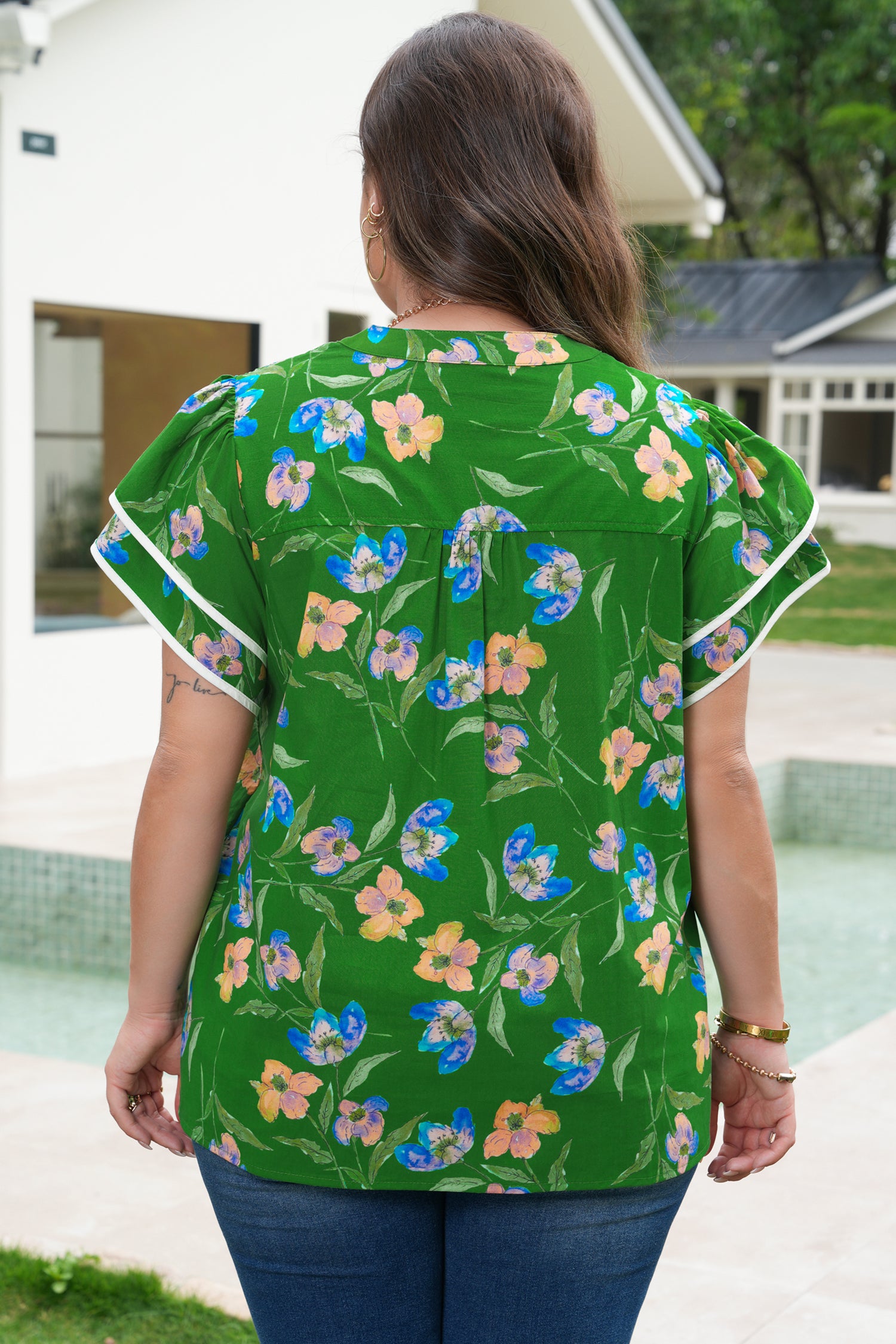 Green Plus Size Ruffled Short Sleeve Floral Top-Plus Size/Plus Size Tops/Plus Size Blouses & Shirts-[Adult]-[Female]-2022 Online Blue Zone Planet