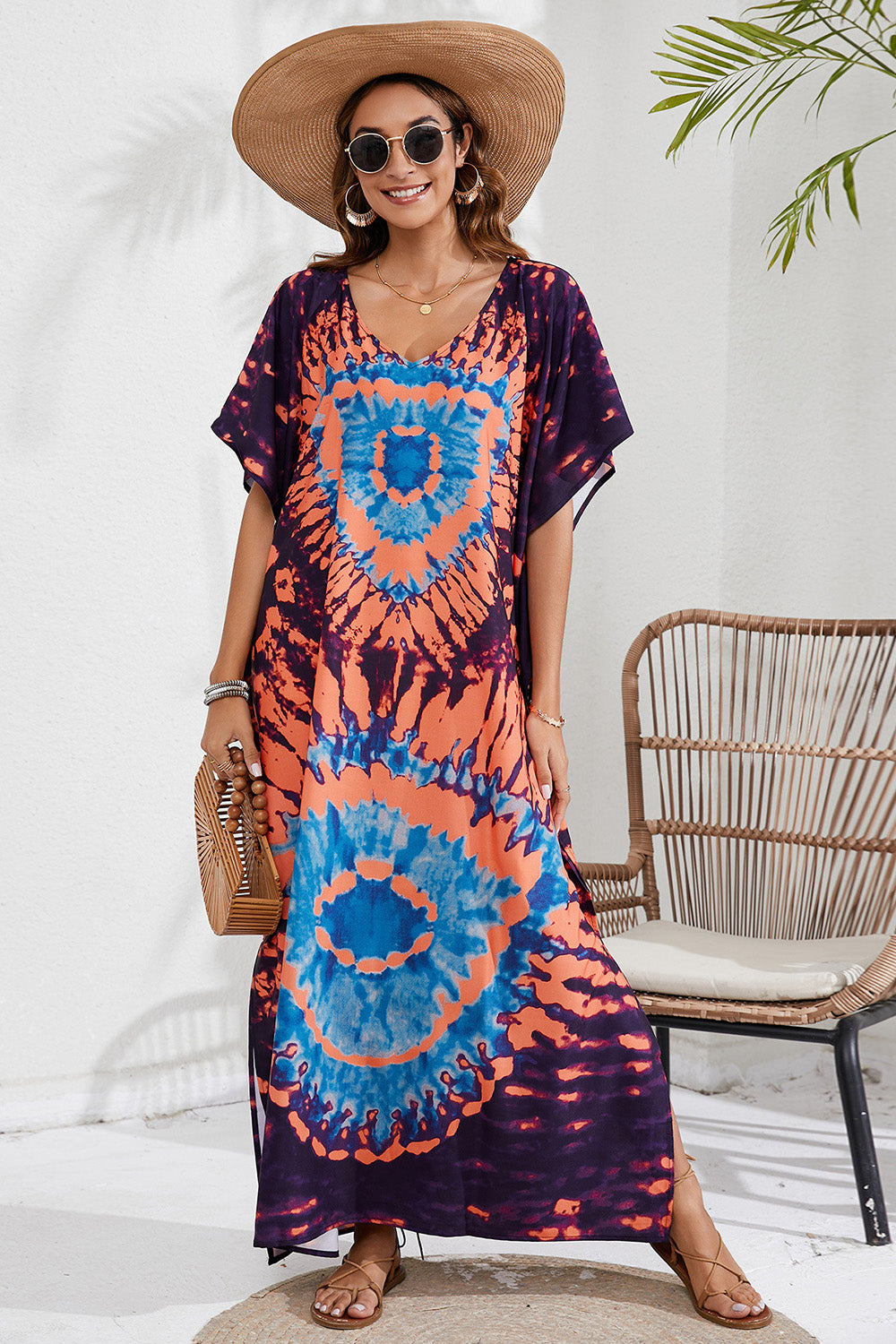 Blue Zone Planet |  Slit Printed V-Neck Short Sleeve Cover Up BLUE ZONE PLANET