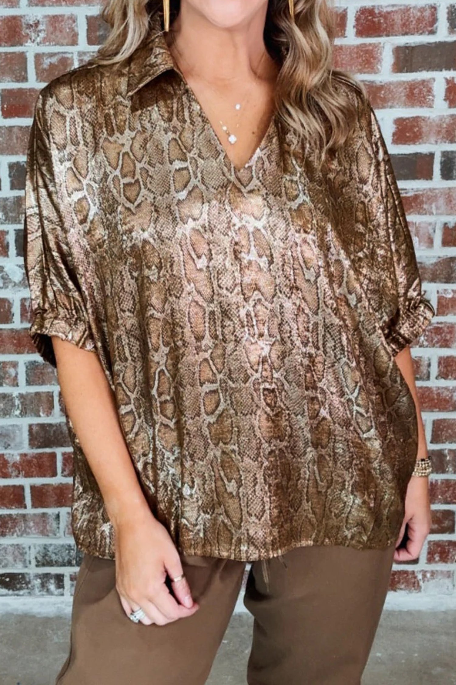 Brown Polo Collared V Neck Short Sleeve Metallic Leopard Blouse-Tops/Blouses & Shirts-[Adult]-[Female]-Brown-S-2022 Online Blue Zone Planet
