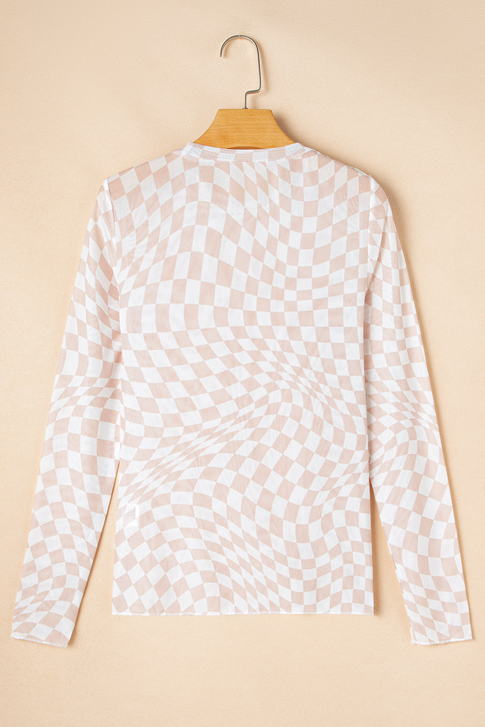 Blue Zone Planet | Rose Checkered Pattern Mesh Mock Neck Long Sleeve Top-Tops/Long Sleeve Tops-[Adult]-[Female]-2022 Online Blue Zone Planet