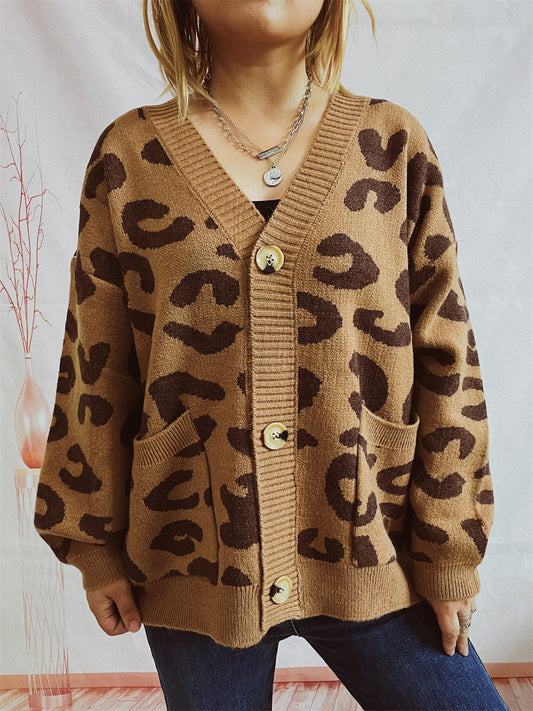 Leopard Button Front Cardigan with Pockets-TOPS / DRESSES-[Adult]-[Female]-Caramel-S-2022 Online Blue Zone Planet