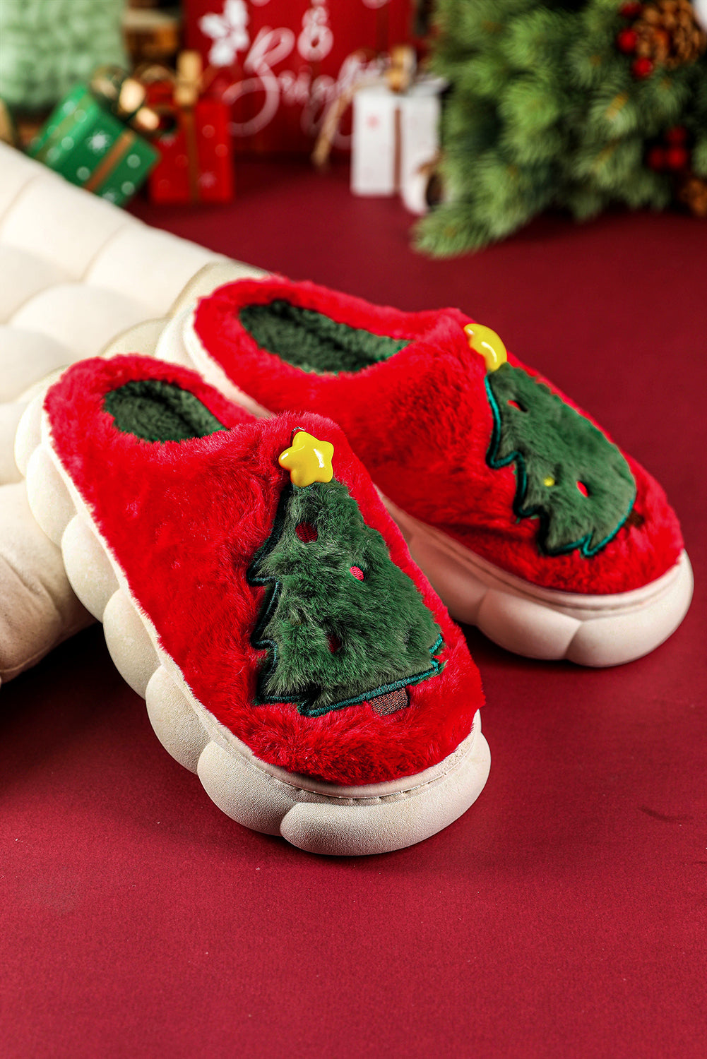 Fiery Red Christmas Tree Graphic Thick Sole Plush Slippers-Shoes & Bags/Slippers-[Adult]-[Female]-Fiery Red-37-2022 Online Blue Zone Planet