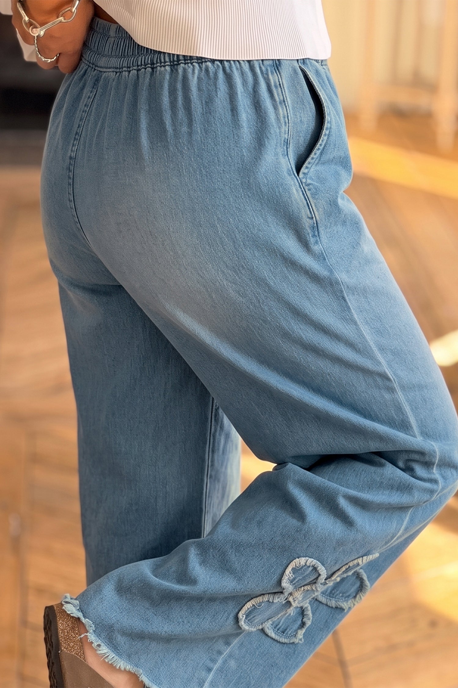 Beau Blue Frayed Floral Patch Wide Leg Raw Hem Wide Leg Jeans-Bottoms/Jeans-[Adult]-[Female]-2022 Online Blue Zone Planet