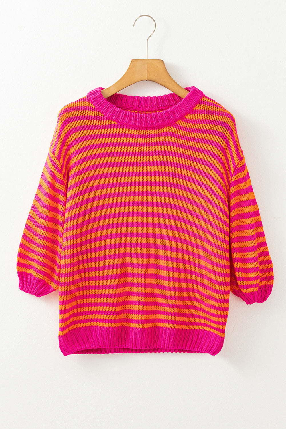 Blue Zone Planet | Rose Stripe 3/4 Puff Sleeve Drop Shoulder Sweater-Sweaters & Cardigans/Sweaters-[Adult]-[Female]-2022 Online Blue Zone Planet