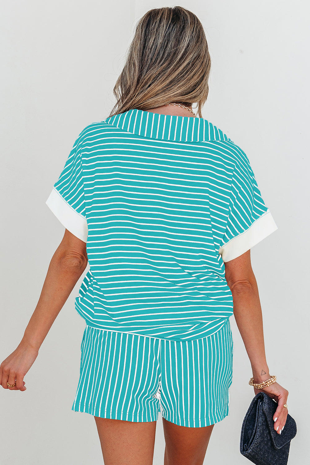Sky Blue Stripe V Neck Tee and Casual Short Set-Two Piece Sets/Short Sets-[Adult]-[Female]-2022 Online Blue Zone Planet