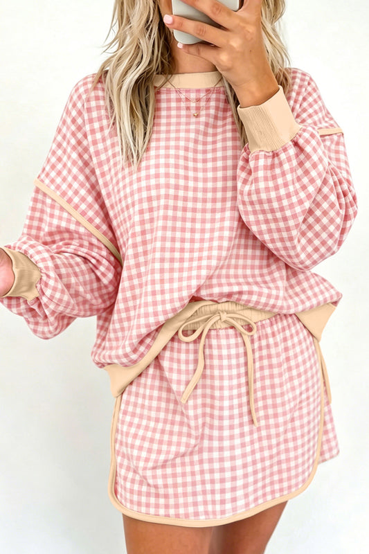 Pink Gingham Oversized Ribbed Trim Crew Neck Long Sleeve Top and Skort Set-Two Piece Sets/Two Piece Dresses-[Adult]-[Female]-Pink-S-2022 Online Blue Zone Planet