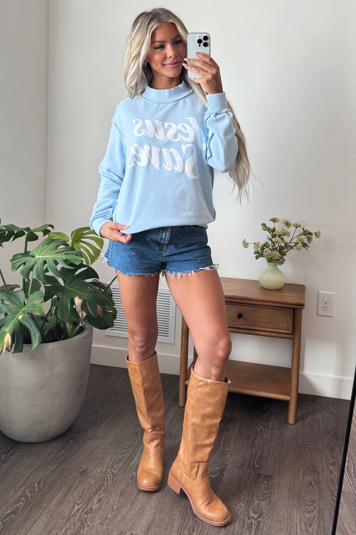 Mist Blue Jesus Saves Slogan Print Stand Neck Baggy Sweatshirt-Tops/Sweatshirts & Hoodies-[Adult]-[Female]-2022 Online Blue Zone Planet