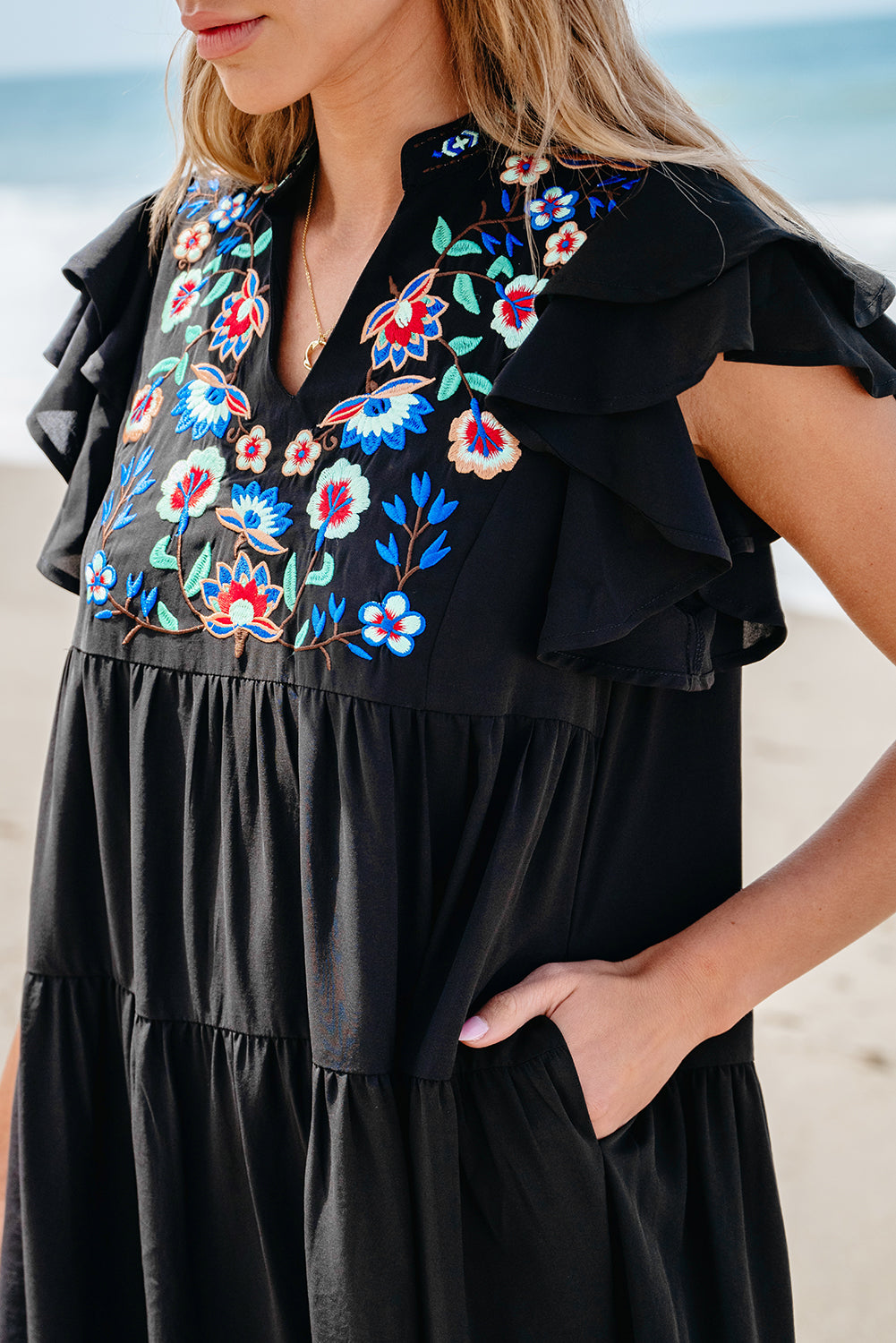 Black Floral Embroidered Tiered Ruffled Mini Dress Blue Zone Planet