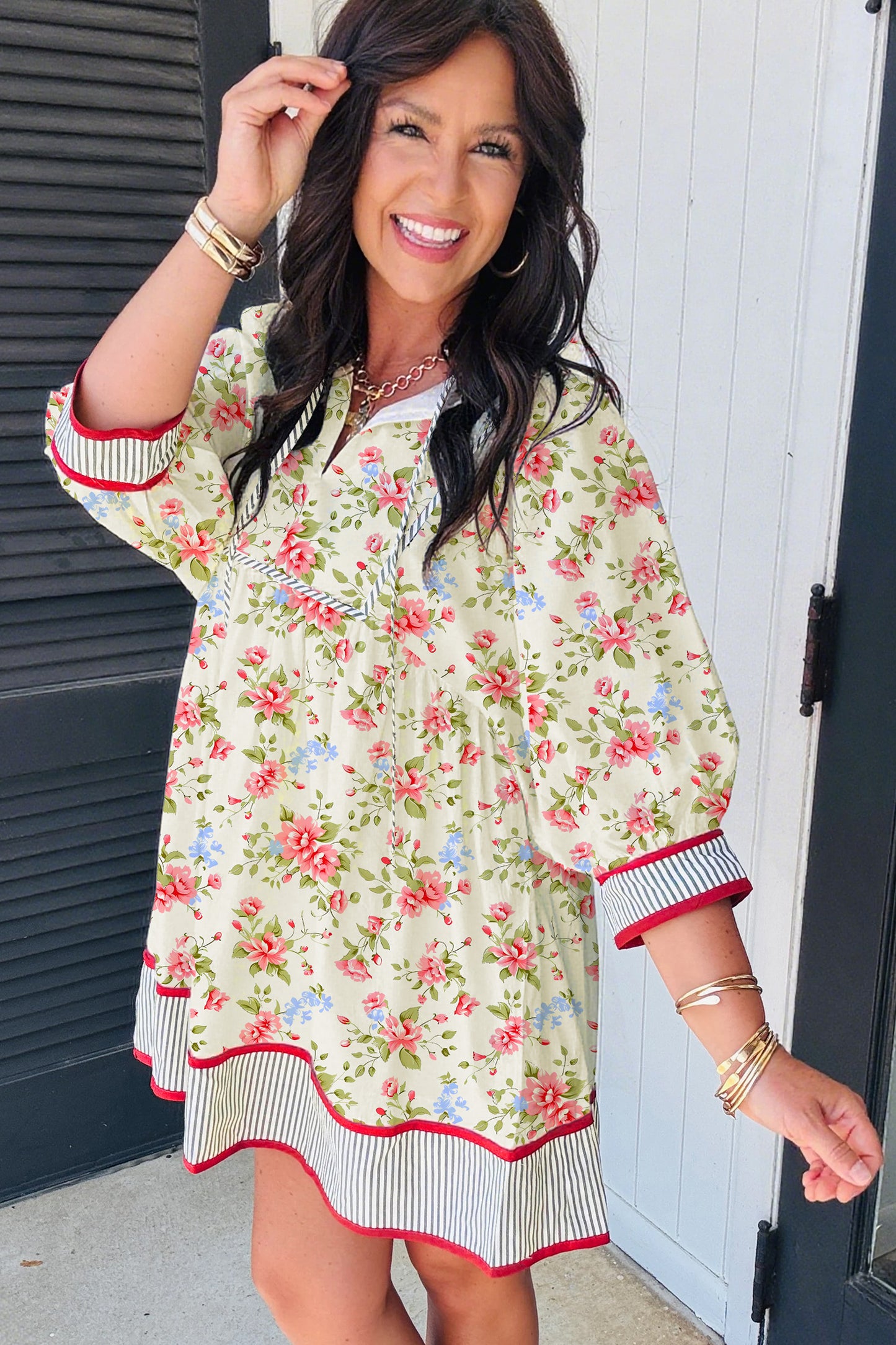Apricot Striped Edge 3/4 Puff Sleeve Floral Dress-Dresses/Floral Dresses-[Adult]-[Female]-2022 Online Blue Zone Planet