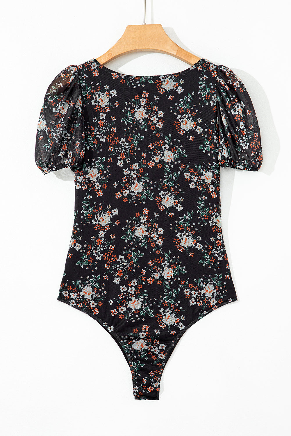 Black Floral Print U Neck Short Puff Sleeve Bodysuit-Tops/Bodysuits-[Adult]-[Female]-2022 Online Blue Zone Planet