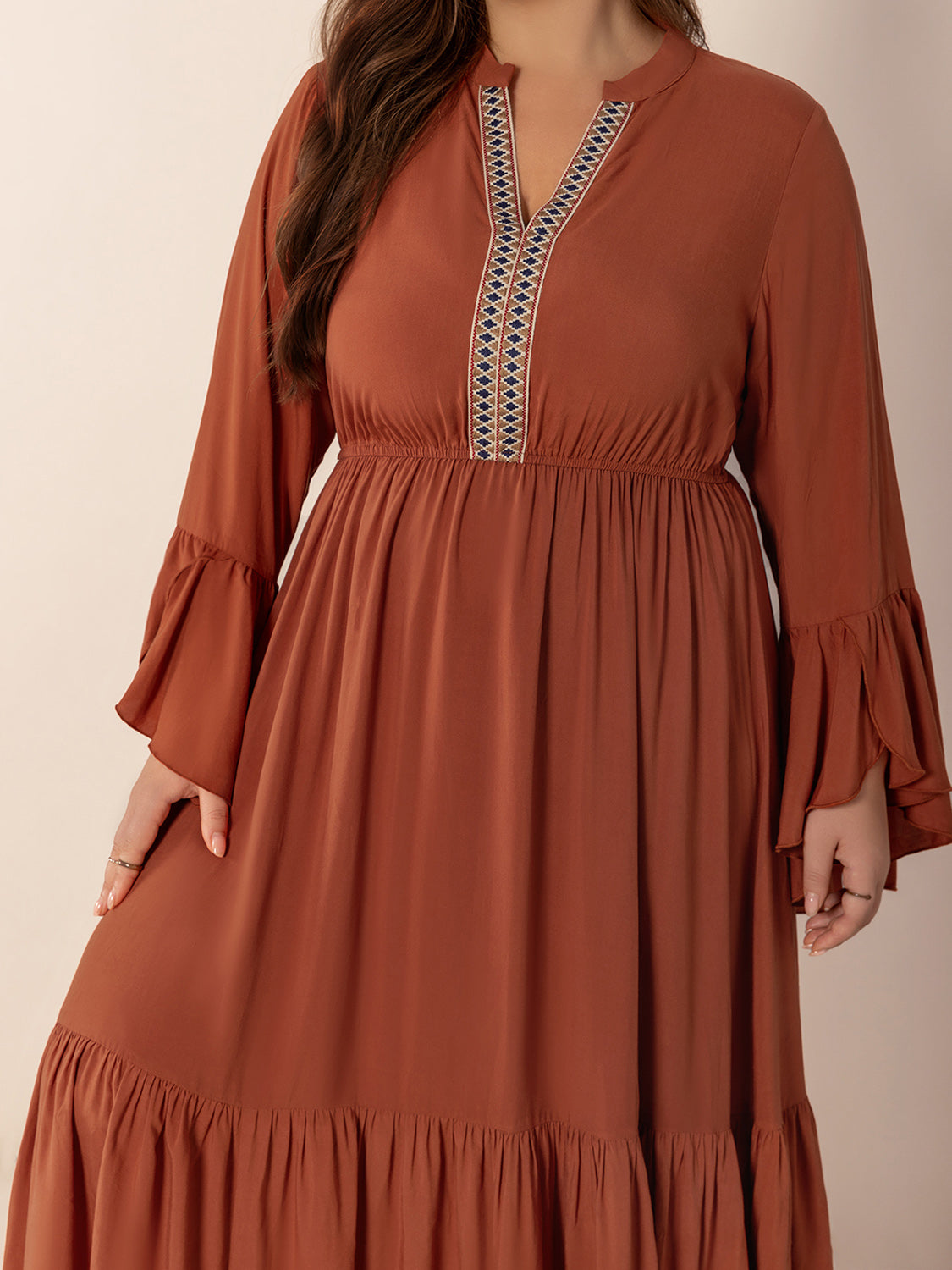 Zone Planet | Plus Size Ruffled Notched Long Sleeve Midi Dress - Blue Zone Planet Zone Planet | Plus Size Ruffled Notched Long Sleeve Midi Dress - Blue Zone Planet