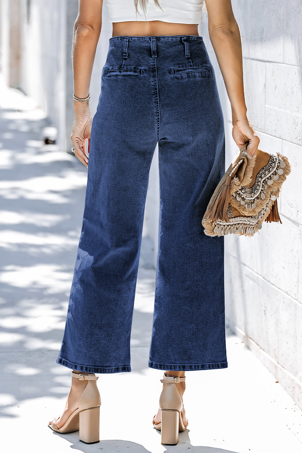 Sail Blue High Waist Button Front Wide Leg Cropped Jeans-Bottoms/Jeans-[Adult]-[Female]-2022 Online Blue Zone Planet