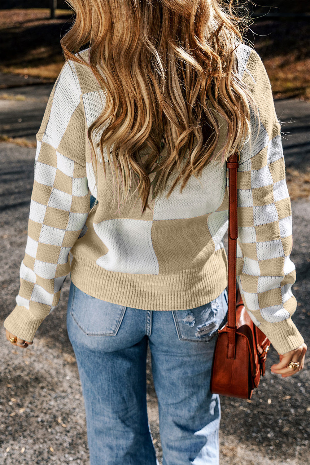 Flaxen Checkered Print Drop Shoulder Sweater-TOPS / DRESSES-[Adult]-[Female]-2022 Online Blue Zone Planet