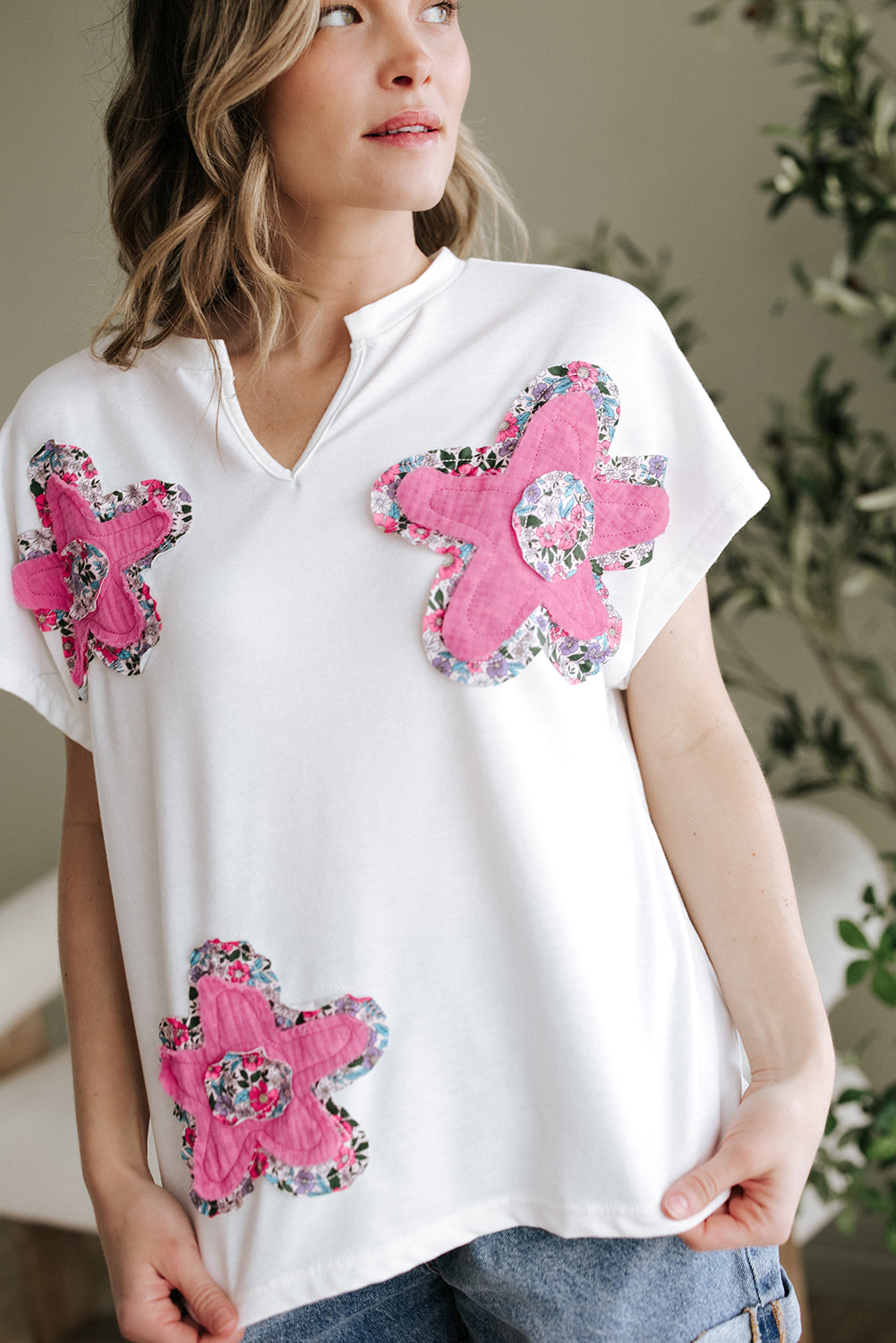 White Floral Applique Notched V Neck Dolman Sleeve Top-Tops/Tops & Tees-[Adult]-[Female]-2022 Online Blue Zone Planet
