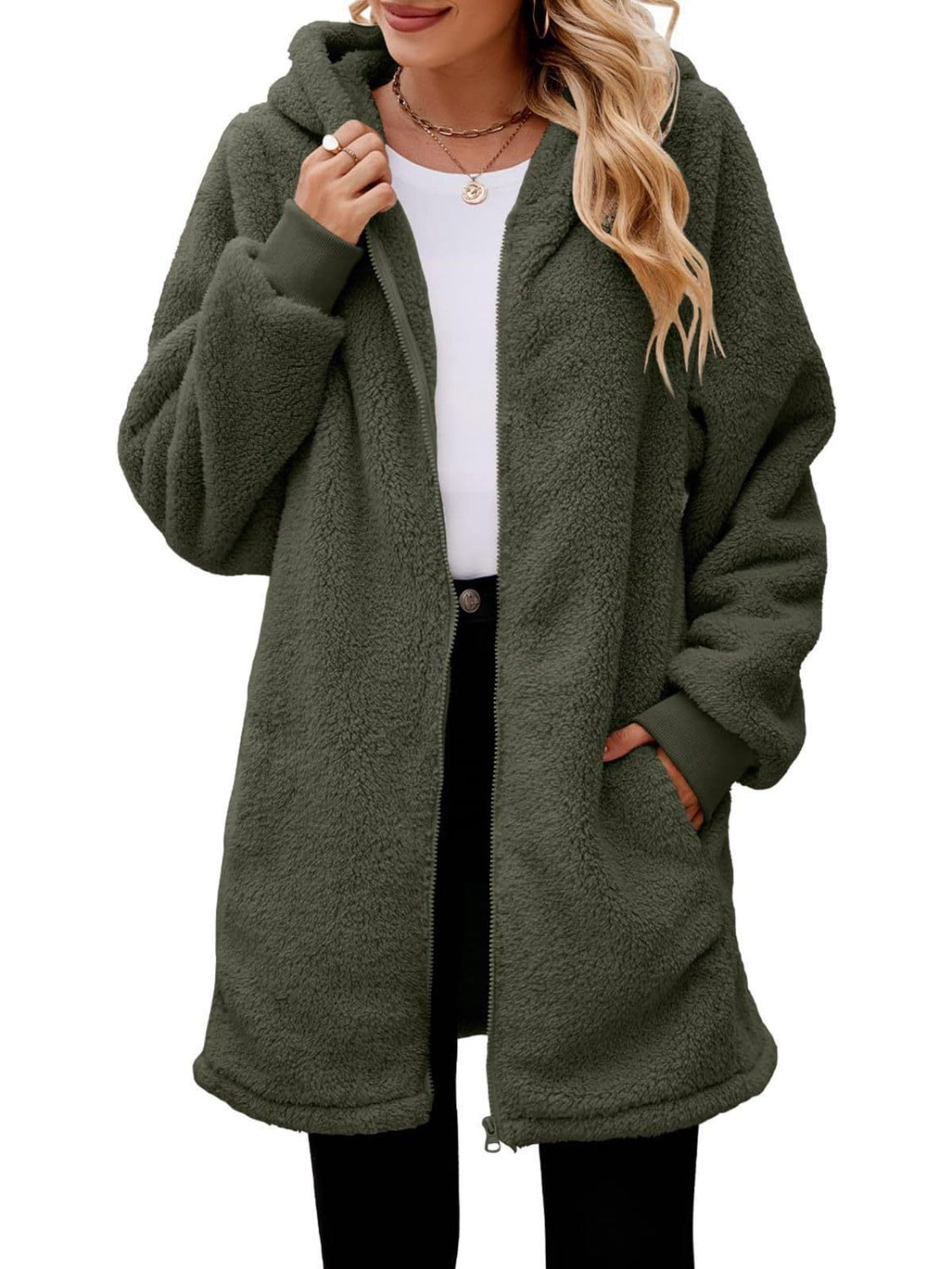 Fuzzy Pocketed Zip Up Long Sleeve Hooded Jacket-TOPS / DRESSES-[Adult]-[Female]-2022 Online Blue Zone Planet