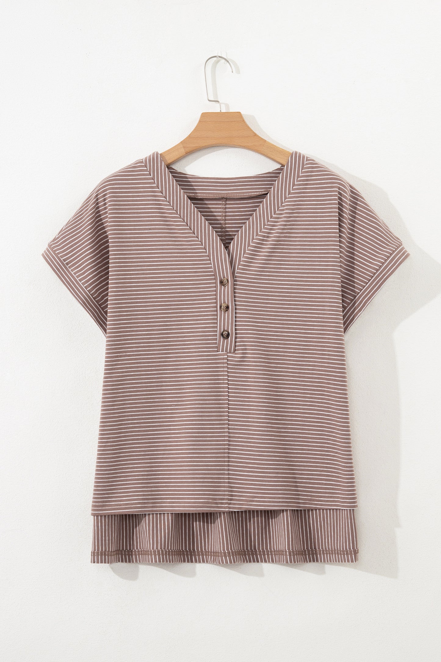 Khaki Stripe Buttoned V Neck High Low Side Slit T Shirt-Tops/Tops & Tees-[Adult]-[Female]-2022 Online Blue Zone Planet
