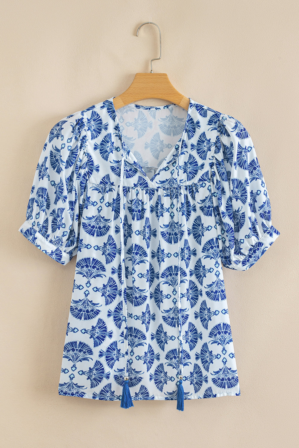 Sky Blue Geometric Print Tassel Drawstring V Neck Blouse-Tops/Blouses & Shirts-[Adult]-[Female]-2022 Online Blue Zone Planet