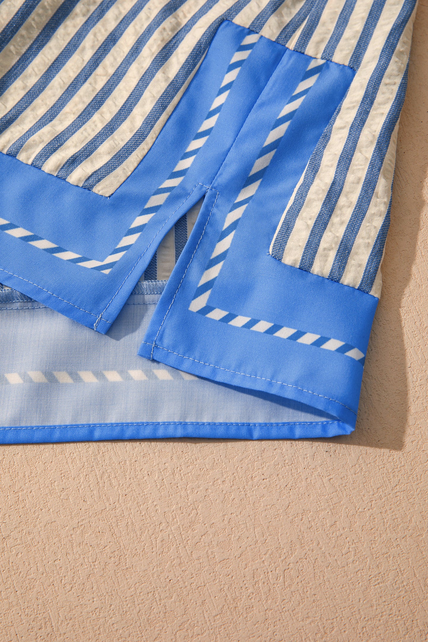 Sky Blue Stripe Color Block Detail V Neck Short Sleeve Blouse-Tops/Blouses & Shirts-[Adult]-[Female]-2022 Online Blue Zone Planet