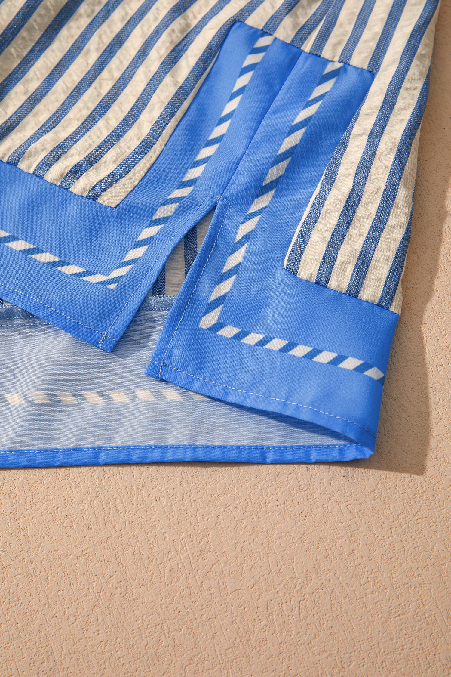 Sky Blue Stripe Color Block Detail V Neck Short Sleeve Blouse-Tops/Blouses & Shirts-[Adult]-[Female]-2022 Online Blue Zone Planet