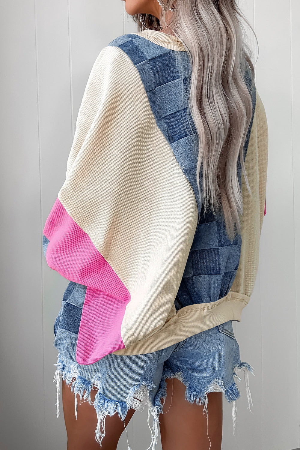 Sky Blue Oversized Checkered Denim Exposed Seam Patchwork Casual Sweatshirt-Tops/Sweatshirts & Hoodies-[Adult]-[Female]-2022 Online Blue Zone Planet
