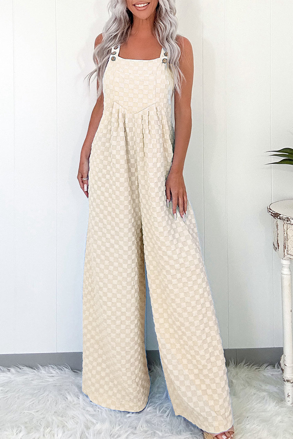 Beige Checkered Pocketed High Waist Wide Leg Overall-Bottoms/Jumpsuits & Rompers-[Adult]-[Female]-2022 Online Blue Zone Planet