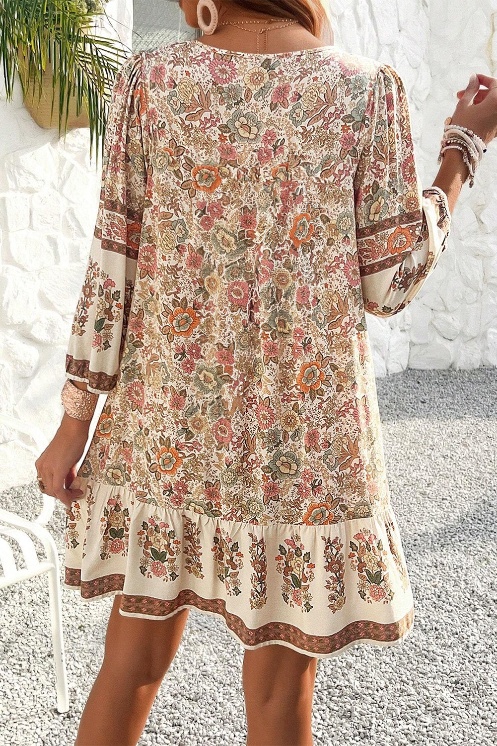 Apricot Floral Print Tassel Drawstring V Neck Loose Mini Dress Apricot Floral Print Tassel Drawstring V Neck Loose Mini Dress